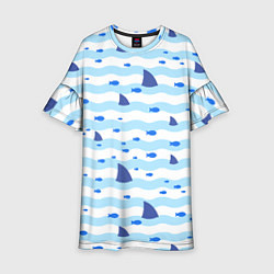 Платье клеш для девочки Волны, рыбки и плавники акул - паттерн, цвет: 3D-принт
