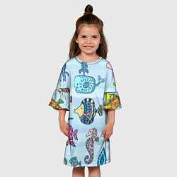 Платье клеш для девочки Кит, черепаха, акула и другие обитатели океана, цвет: 3D-принт — фото 2
