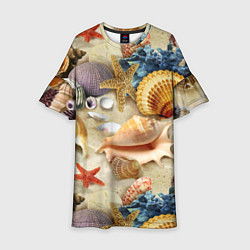 Платье клеш для девочки Морские раковины, кораллы, морские звёзды на песке, цвет: 3D-принт