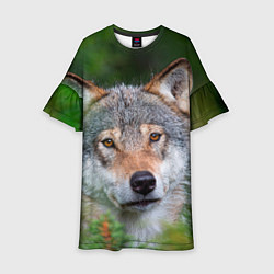 Платье клеш для девочки Волк на фоне зелени, цвет: 3D-принт