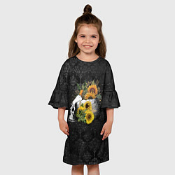 Платье клеш для девочки Череп в подсолнухах, цвет: 3D-принт — фото 2