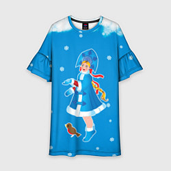 Платье клеш для девочки Снегурочка и снежинки, цвет: 3D-принт
