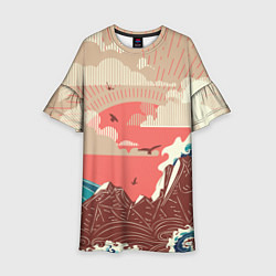 Платье клеш для девочки Большие океанские волны и скалистый остров на зака, цвет: 3D-принт