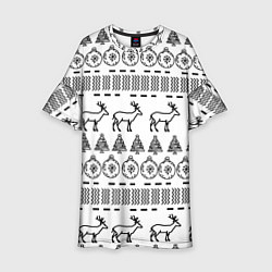 Платье клеш для девочки Черно-белый узор с оленями, цвет: 3D-принт