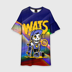 Платье клеш для девочки Whats - скелет со скейтбордом - граффити, цвет: 3D-принт
