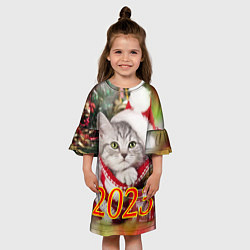 Платье клеш для девочки Котенок в новогодней шапочке, цвет: 3D-принт — фото 2