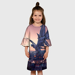 Платье клеш для девочки Футуристичный город с металлической птицей, цвет: 3D-принт — фото 2