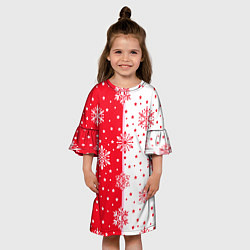 Платье клеш для девочки Рождественские снежинки на красно-белом фоне, цвет: 3D-принт — фото 2