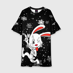 Платье клеш для девочки Подмигивающий кролик в снежинках, цвет: 3D-принт
