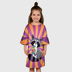 Платье клеш для девочки Енот держит букет цветов, цвет: 3D-принт — фото 2