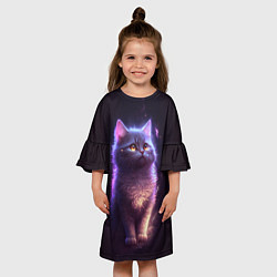 Платье клеш для девочки Неоновый котик и луна, цвет: 3D-принт — фото 2