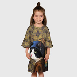 Платье клеш для девочки Кошечка с жемчужной сережкой Ян Вермеер пародия, цвет: 3D-принт — фото 2