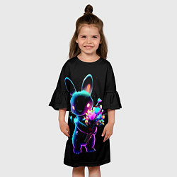 Платье клеш для девочки Неоновый заяц с цветами, цвет: 3D-принт — фото 2