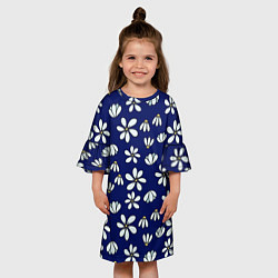 Платье клеш для девочки Дудл ромашки на синем фоне - паттерн, цвет: 3D-принт — фото 2
