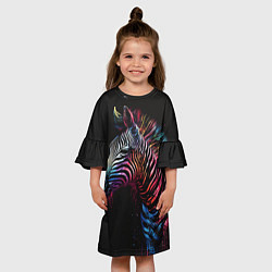 Платье клеш для девочки Разноцветная зебра на темном фоне, цвет: 3D-принт — фото 2