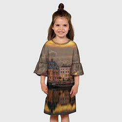 Платье клеш для девочки Мирный город на воде и тучи, цвет: 3D-принт — фото 2