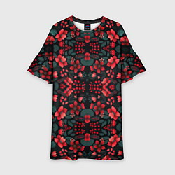 Платье клеш для девочки Растительный узор из красных цветов, цвет: 3D-принт
