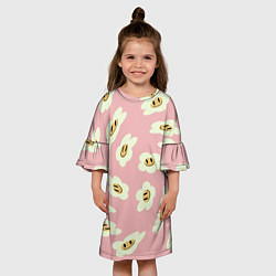 Платье клеш для девочки Искаженные смайлы-цветы на розовом паттер, цвет: 3D-принт — фото 2