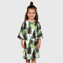 Платье клеш для девочки Хвойный лес - акварель в зеленых тонах, цвет: 3D-принт — фото 2
