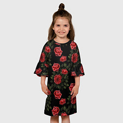 Платье клеш для девочки Красные розы на черном - паттерн, цвет: 3D-принт — фото 2