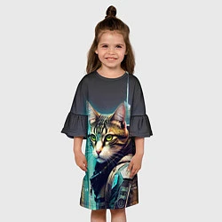 Платье клеш для девочки Котяра в стиле киберпанк на фоне ночного города, цвет: 3D-принт — фото 2