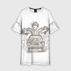 Платье клеш для девочки Змей Горыныч на Запорожце, цвет: 3D-принт