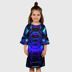 Платье клеш для девочки Неоновый синий тоннель абстракция, цвет: 3D-принт — фото 2