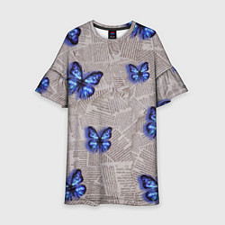 Платье клеш для девочки Газетные обрывки и синие бабочки, цвет: 3D-принт