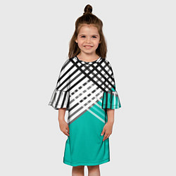 Платье клеш для девочки Черно-белые переплетенные полосы на бирюзовом фоне, цвет: 3D-принт — фото 2