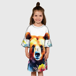 Платье клеш для девочки Морда медведя гризли с цветами акварелью, цвет: 3D-принт — фото 2