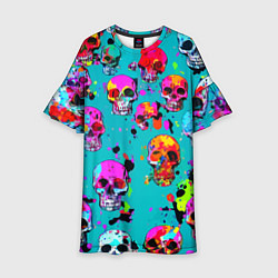 Платье клеш для девочки Паттерн из ярких черепов - поп-арт - мода, цвет: 3D-принт