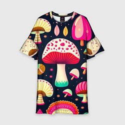 Платье клеш для девочки Грибы рисованные узор, цвет: 3D-принт