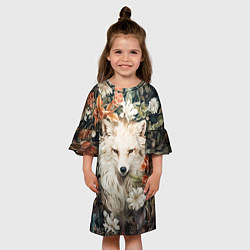 Платье клеш для девочки Белая лисица в кустах цветов, цвет: 3D-принт — фото 2