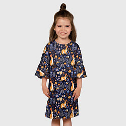 Платье клеш для девочки Оранжевые зайчики в траве на синем фоне, цвет: 3D-принт — фото 2