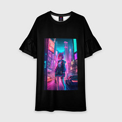 Платье клеш для девочки Девушка киберпанк в городе, цвет: 3D-принт