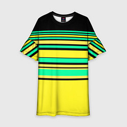 Платье клеш для девочки Разноцветный черно желтый с зеленым полосатый узор, цвет: 3D-принт