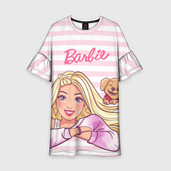 Платье клеш для девочки Барби с щенком: розово-белая горизонтальная полоск, цвет: 3D-принт