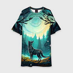 Платье клеш для девочки Волк в ночном лесу фолк-арт, цвет: 3D-принт