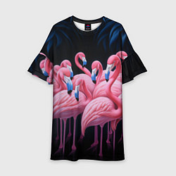 Платье клеш для девочки Стая розовых фламинго в темноте, цвет: 3D-принт