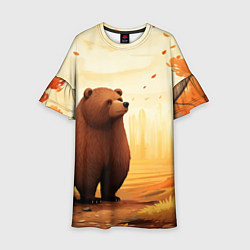 Платье клеш для девочки Мишка в осеннем лесу фолк-арт, цвет: 3D-принт