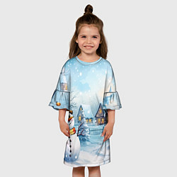 Платье клеш для девочки Новогодний городок и снеговики, цвет: 3D-принт — фото 2