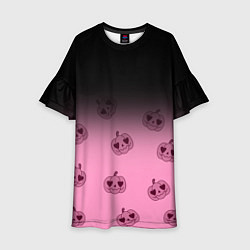 Платье клеш для девочки Черно-розовый градиент и хэллоуинские тыквы паттер, цвет: 3D-принт