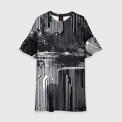 Платье клеш для девочки Белые полосы на чёрном фоне киберпанк, цвет: 3D-принт