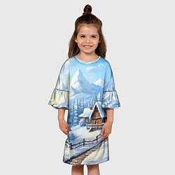 Платье клеш для девочки Новогодняя зимняя деревня, цвет: 3D-принт — фото 2
