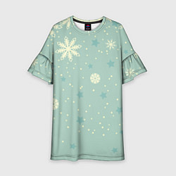Детское платье Снежинки и звезды на матно зеленем