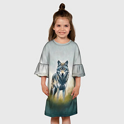 Платье клеш для девочки Минималистичный пейзаж с волком акварель, цвет: 3D-принт — фото 2