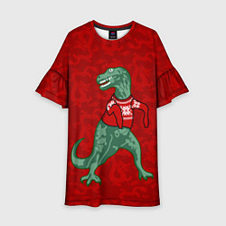 Платье клеш для девочки Динозавр в свитере - новогодние драконы, цвет: 3D-принт