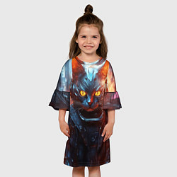 Платье клеш для девочки Пламенный кот в стиле киберпанк, цвет: 3D-принт — фото 2