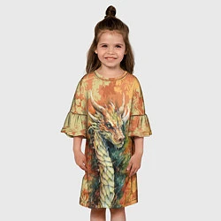Платье клеш для девочки Зеленый древесный дракон с листьями, цвет: 3D-принт — фото 2