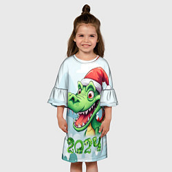 Платье клеш для девочки Зеленый счастливый дракон новогодний, цвет: 3D-принт — фото 2